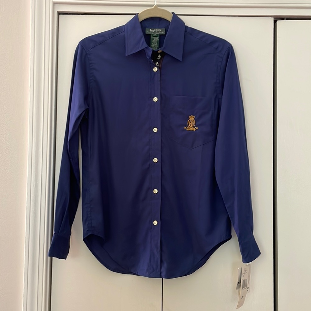 Button Down Shirt Women’s NWT Navy Lauren Ralph Lauren Petite Size 2P Cotton